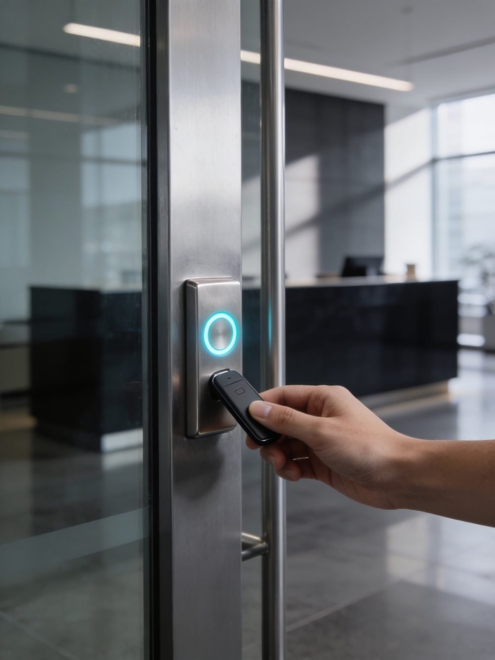 A proximity fob presented to an access control reader