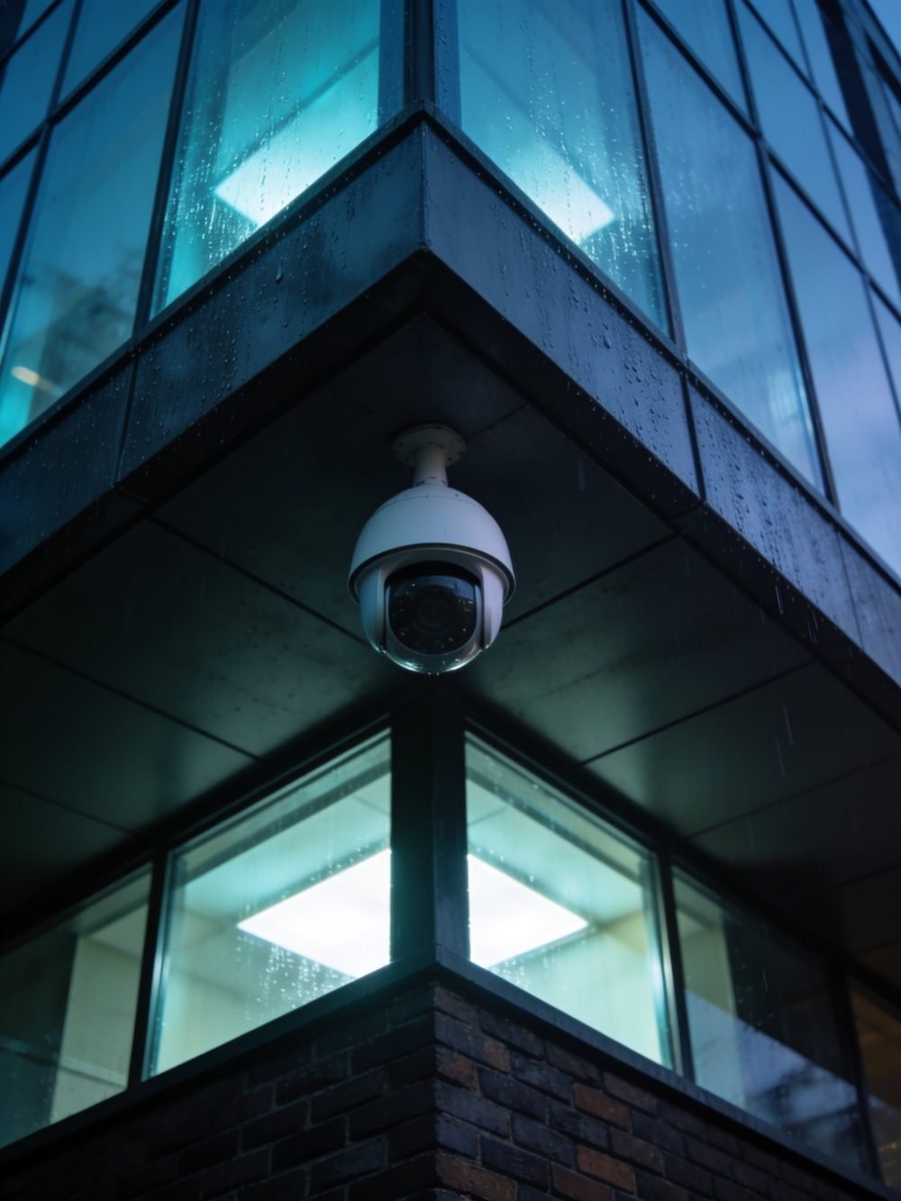 CCTV dome camera on a commercial building at dusk