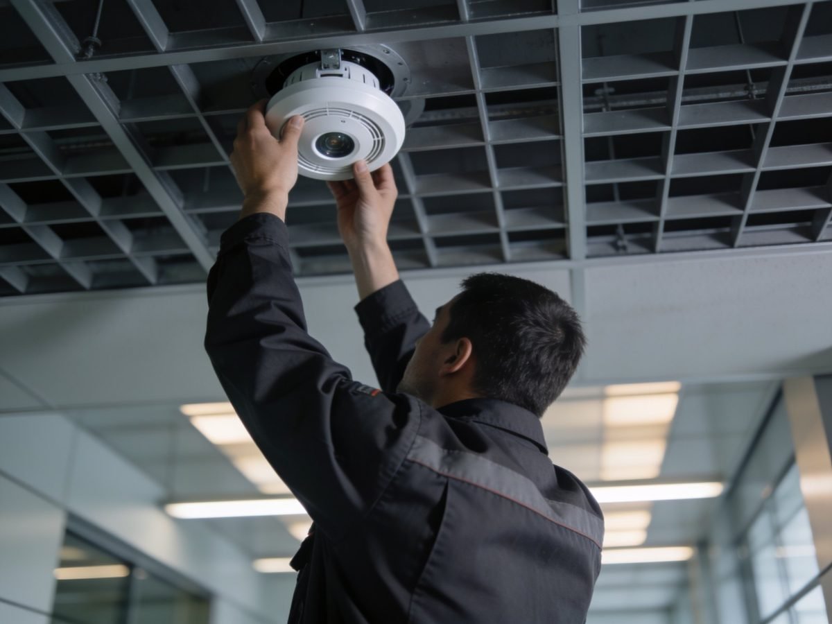 Engineer fitting a ceiling-mounted fire detector